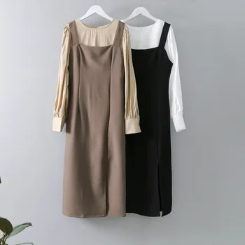 Biela Khaki Čierna Ženy Dvojdielne Súpravy Žena 2020 Jeseň Oblečenie Jednoduché Dlhou Štrbinou Šaty, Oblek Sladké Pevné Tričko Šaty A Obleky
