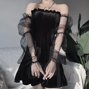 Nové Tmavé Oka Vintage Čierna Gotické Šaty Egirl 2021 Estetické Transpanent Popruh Skladaný Šaty Elegantné Punk Hip Hop Grunge Chic