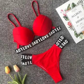 2019 List Vytlačený Brazílske Bikini Obväz Plavky Sexi Push Up Plavky S Nízkym Pásom Plavky S Uväzovaním Za Bikiny Plávať Oblek 3938