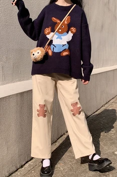 Jeseň Ženy Nohavice Japonský Sladké Vysoký Pás Farbou Tenké Ostrihané Nohavice Dospievajúce Dievča Cartoon Medveď Tlač Širokú Nohu Nohavice