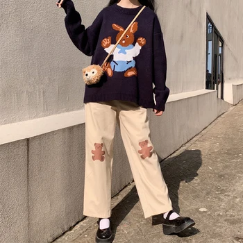 Jeseň Ženy Nohavice Japonský Sladké Vysoký Pás Farbou Tenké Ostrihané Nohavice Dospievajúce Dievča Cartoon Medveď Tlač Širokú Nohu Nohavice