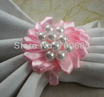 Krúžky na obrúsky white pearl s ružovými kapela hodváb čipky kvetinové svadobné dekorácie, obrúsok držiteľa,
