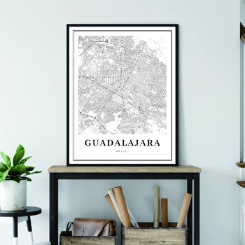 Guadalajara Mape Vytlačiť Mexiko Jalisco Ulice Mesta Cestnú Mapu, Plagát, Plátno, Maľovanie Čierny Biely Obrázok Office Wall Art Decor