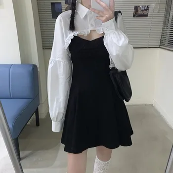 Japonský 2020 Harajuku Streetwear Lístkového Krátky Rukáv Biele Tričko + Čierna Podväzkové Šaty 2 Ks Nastaviť Sexy Mini Západný Štýl Šaty