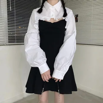 Japonský 2020 Harajuku Streetwear Lístkového Krátky Rukáv Biele Tričko + Čierna Podväzkové Šaty 2 Ks Nastaviť Sexy Mini Západný Štýl Šaty