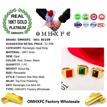 OMHXFC Veľkoobchod Európskej Módy Mužskej Strany, Narodeninám, Svadobný Dar, Obdĺžnik Red Green Opal Resizable 18KT Skutočný Zlatý Prsteň R109