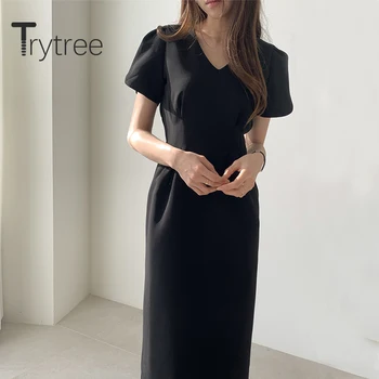 Trytree 2020 Lete Ženy Bežné Šaty tvaru Tuhé 2 Farieb-line Vysoký Pás Módne Temperament Elegantné Polovici Teľa Šaty