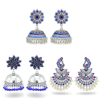 3 Páry Vintage Etnických Páva Kvet Dizajn Modrý Indiánsky Drop Náušnice Indickej Oxidovaného Tribal Náušnice Šperky pre Ženy