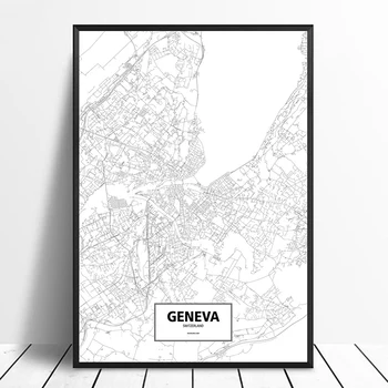 Ženeva, Švajčiarsko Čierna Biela Vlastný Svet Mape Mesta Plagát Plátno Tlačiť Nordic Štýl Wall Art Domova