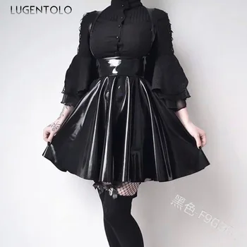Lugentolo Ženy Šaty, Sexy Lesklý Zrkadlo, PU Vysoký Pás Čierne Šaty bez Rukávov Bežné Mini Slim Šaty