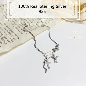 925 Sterling Silver Cross Náramok pre Dievča Vinobranie Ručne Víla Strapec Strane Reťazca Pulsera de Plata Šperky Kúzlo Plata