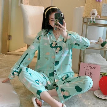 2020 Jeseň Zima Nové Pyžamo Nastaviť Žien Tlač Kvety Dlhým rukávom Tenký Ženy Sleepwear Sladký kórejský Domov Nosia Pyžamá Nastaviť