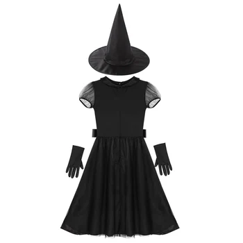 Halloween Sexy Kostým Čarodejnice Oblečenie pre Dospelých Žien Karneval Maškaráda Cosplay Šaty s Pásom Špicatý Klobúk a Rukavice