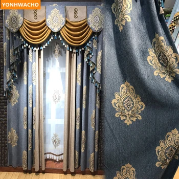 Vlastné záclony Európskej luxusná obývacia izba hrubé ženilkové žakárové sivá modrá handričkou zatmenie opony tylu záclonka závesy N970