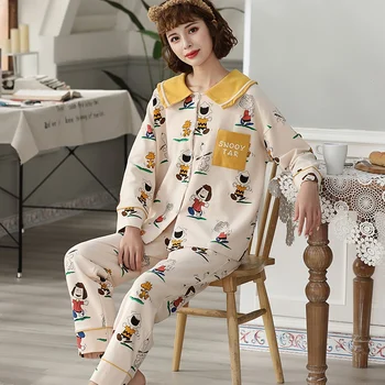 2021 Jar Jeseň Dlhý Rukáv, Bavlna Komické Tlač Pajama Sady pre Ženy Sleepwear Pyžamo oblečenie pre voľný čas Pijama Mujer Domáce Oblečenie