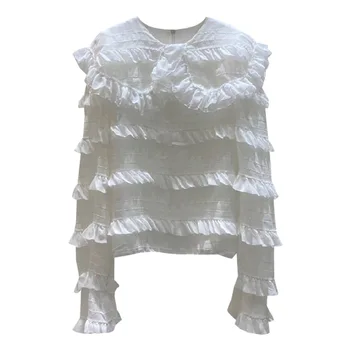 Jeseň nové sladká bábika golier vrstvený rozstrapatené dlho puzdre tričko Západnom štýle, blúzky