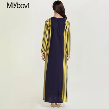 Dámske Pruhované Dlhé Šaty Slim Dlho Abayas Patchwork Islamskej Moslimských Style Plus Veľkosť Čierna Žltá Výšivky Šaty