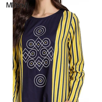Dámske Pruhované Dlhé Šaty Slim Dlho Abayas Patchwork Islamskej Moslimských Style Plus Veľkosť Čierna Žltá Výšivky Šaty