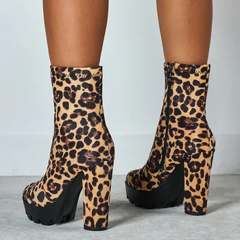 Dámske topánky na Vysokom opätku sa Hrnú Sklzu Na Námestí podpätku 12 cm Kola Prst nepremokavé Martin topánky leopard krátke topánky, ženy