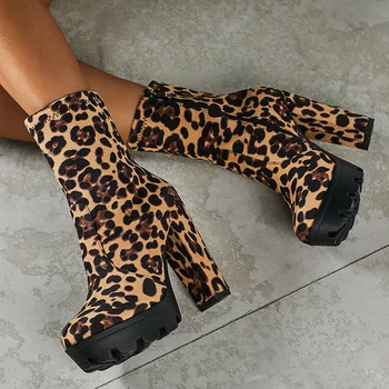 Dámske topánky na Vysokom opätku sa Hrnú Sklzu Na Námestí podpätku 12 cm Kola Prst nepremokavé Martin topánky leopard krátke topánky, ženy