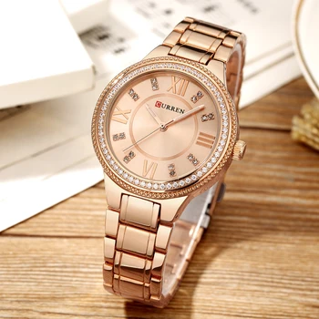 Luxusné Značky Curren Hodinky Ženy Svieti Crystal Oceľ Náramok Dámske Náramkové hodinky Módne dámske Hodinky Zlaté Relogio Feminino