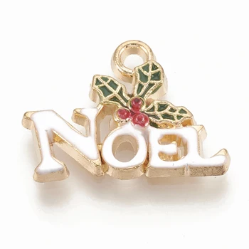 100ks Zliatiny Smalt Prívesky Vianočné Holly Listy s Word Noel pre Šperky, Takže DIY Náramok, Náhrdelník 14x19x3mm
