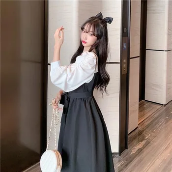 Čierne Šaty Žien Bežné Vintage Tlačidlo Pás Večierok Midi Šaty Žena Dlhý Rukáv jednodielne Šaty kórejský 2020 Jeseň