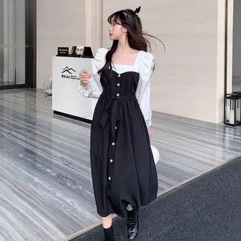 Čierne Šaty Žien Bežné Vintage Tlačidlo Pás Večierok Midi Šaty Žena Dlhý Rukáv jednodielne Šaty kórejský 2020 Jeseň