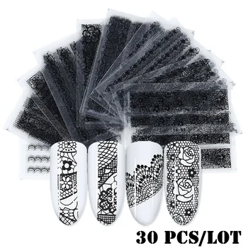 30 Ks/Set Nálepky na Nechty Vzory Biela Čierna Biela Čipka Lineárne Manikúra Jazdcov 3D Nail Art Dekorácie-nálepky Odtlačkový súpravy