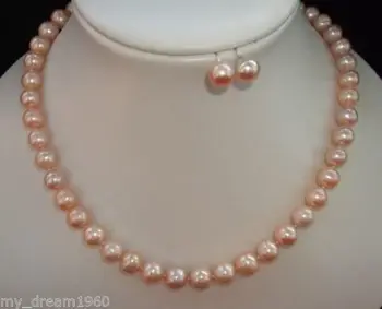 ženy Módne Šperky Skutočný Prírodný 8-9 MM Ružová Sladkovodných Kultivovaných Perlový Náhrdelník Náušnice 18