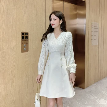 Spojovanie Čipky Jar Jeseň Elegantné Trendy Pastelových Kórejský Šaty Žien Župan Vestidos Vysoký Štíhly Pás Office Mini Šaty