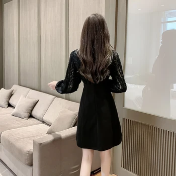 Spojovanie Čipky Jar Jeseň Elegantné Trendy Pastelových Kórejský Šaty Žien Župan Vestidos Vysoký Štíhly Pás Office Mini Šaty