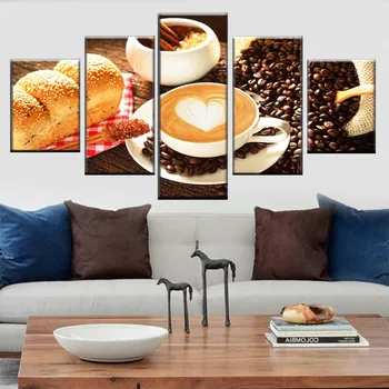 HD Tlač Potravín Plagát 5 Ks Káva a Chlieb Maľovanie Modulárny Domova Plátno na Stenu Umenie Obrázok pre Obývacia Izba Rám