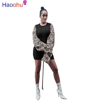 HAOOHU Leopard Tlač Bodycon Mini Šaty Dlhé lístkového Rukáv Jeseň Oblečenie pre Ženy Vestidos Festival Streetwear, Nočný Klub Šaty