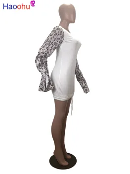 HAOOHU Leopard Tlač Bodycon Mini Šaty Dlhé lístkového Rukáv Jeseň Oblečenie pre Ženy Vestidos Festival Streetwear, Nočný Klub Šaty
