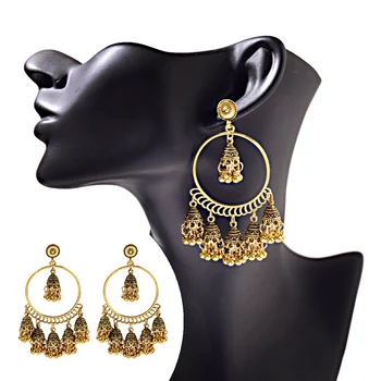 TopHanqi Indickej-jhumka Náušnice Šperky Pre Ženy Boho Etnických Cigán Gold okolo Veľké Zvony Strapec Drop Náušnice boucle d'oreille