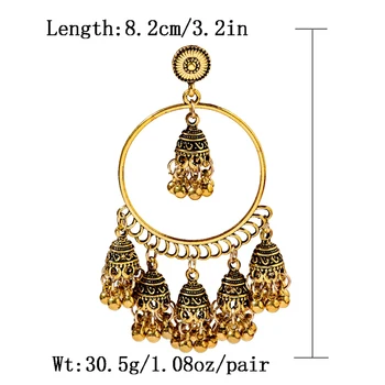TopHanqi Indickej-jhumka Náušnice Šperky Pre Ženy Boho Etnických Cigán Gold okolo Veľké Zvony Strapec Drop Náušnice boucle d'oreille