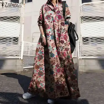 Plus Veľkosť Vintage Kvetinové Šaty Žien Vytlačené Sundress ZANZEA 2021 Príčinné Dlhý Rukáv Maxi Vestidos Žena Klope Župan Femme 5XL