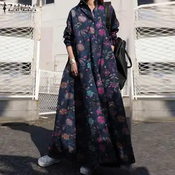 Plus Veľkosť Vintage Kvetinové Šaty Žien Vytlačené Sundress ZANZEA 2021 Príčinné Dlhý Rukáv Maxi Vestidos Žena Klope Župan Femme 5XL