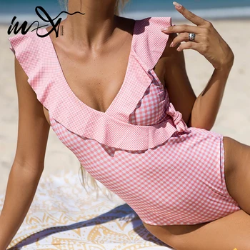 V-X Prehrabať plavky žena Ružová stožiare, monokiny tvaru jednodielne plavky ženy Vintage elegantné plavky kombinézu 2021 nové