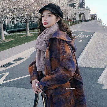 Vintage Koberčeky strednej dĺžky voľné kapucňou vlnené kabát 2021 Jeseň a v Zime Nový kórejský čipky vlnené kabát Ženy Trend