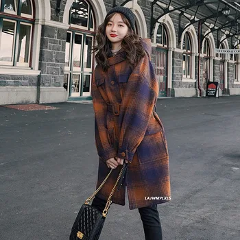 Vintage Koberčeky strednej dĺžky voľné kapucňou vlnené kabát 2021 Jeseň a v Zime Nový kórejský čipky vlnené kabát Ženy Trend