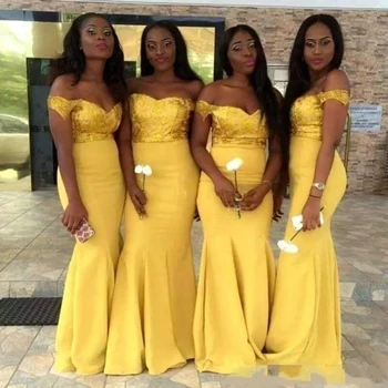 2020 Nových Afrických Žltá Morská Víla Bridesmaid, Šaty Off Ramenný Sequined Saténové Svadobné Party Šaty Formálne Šaty Maid Of Honor
