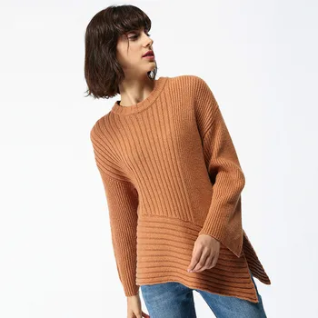 Móda nové jeseň zima žien nepravidelná strane pozdĺžneho sveter dámy pletené pulóvre dlhý rukáv split dizajn knitwear topy