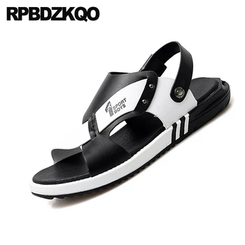 Papuče bežné rodák black listov slávnej značky mužov, kožené sandále letné topánky športové tenisky dráhy taliansky vonkajšie kovové