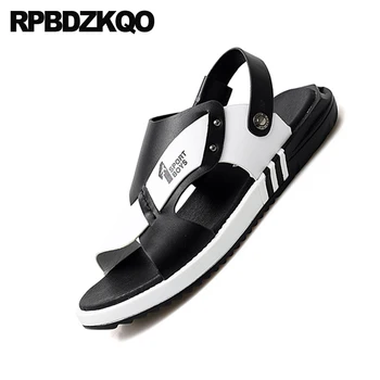 Papuče bežné rodák black listov slávnej značky mužov, kožené sandále letné topánky športové tenisky dráhy taliansky vonkajšie kovové