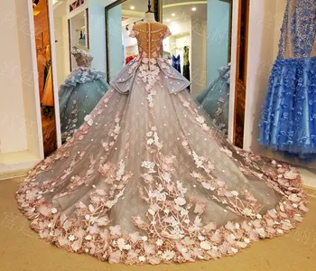 2019 Luxusnej Čipky Krátke Rukávy plesové Šaty, Svadobné Šaty Princezná Ilúzie Výstrihu 3D Flóry Kvety, Svadobné Šaty Župan Mariage de