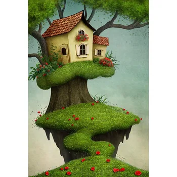 5x7ft Zelená Tráva Cesta Tree House Hill Umývateľný Jeden Kus Bez Vrások Banner Photo Studio Pozadie Pozadie Polyester Textílie