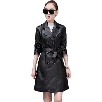 Faux kožené sako ženy 2020 jar jeseň nové módne kórejský slim show tenké čierne plus veľkosť PU kabáty s pásom feminina LR768
