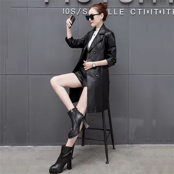 Faux kožené sako ženy 2020 jar jeseň nové módne kórejský slim show tenké čierne plus veľkosť PU kabáty s pásom feminina LR768